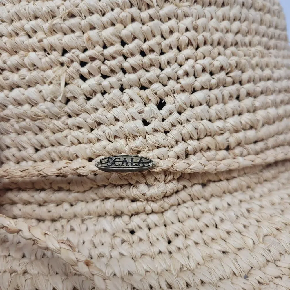 Scala Hat One Size Beige Tan Raffia Crocheted Raffia Packable Crushable L551OS - Picture 6 of 10